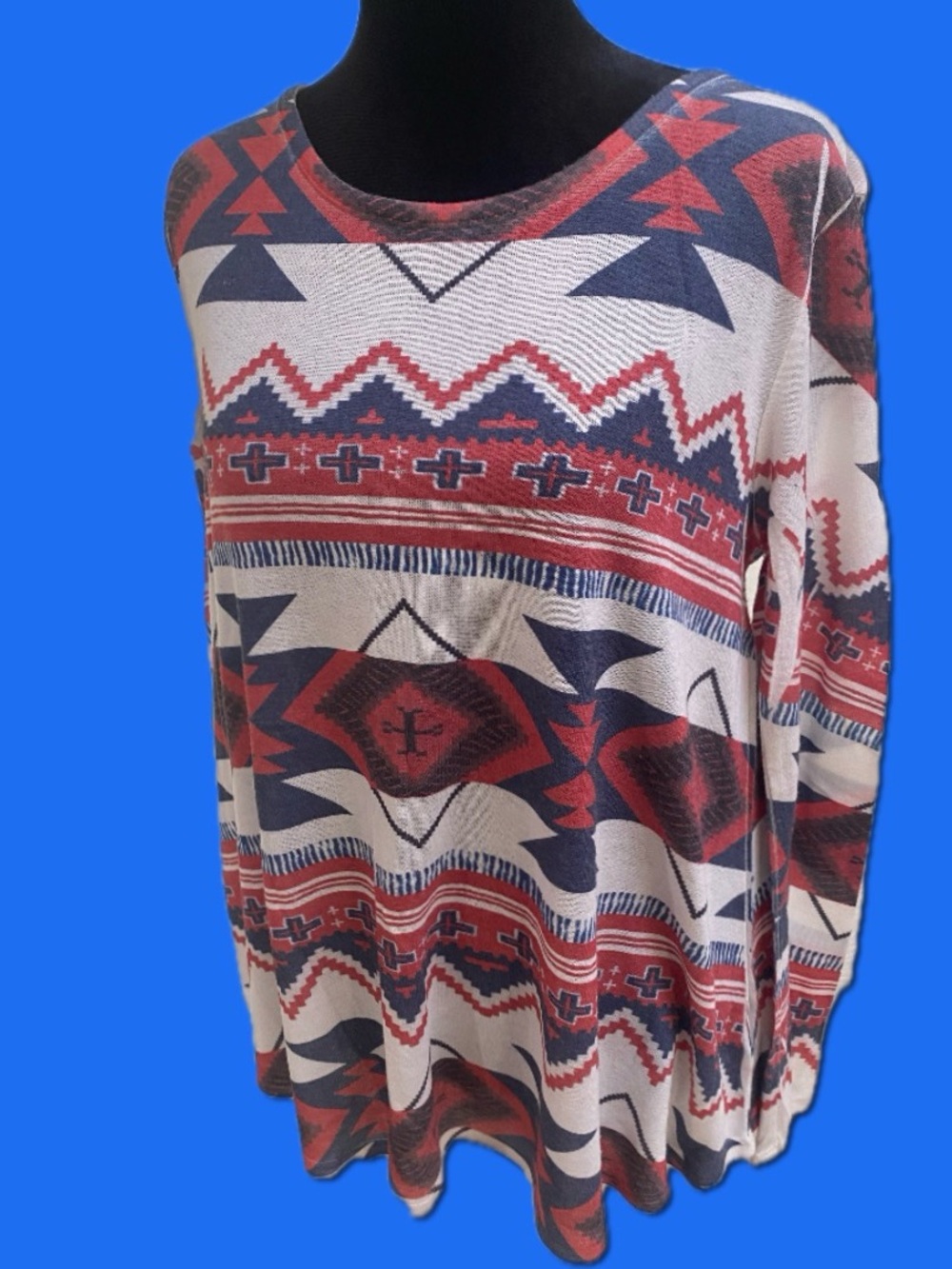 Aztec-Print Long Sleeve Tunic Top - Red, Navy & Cream